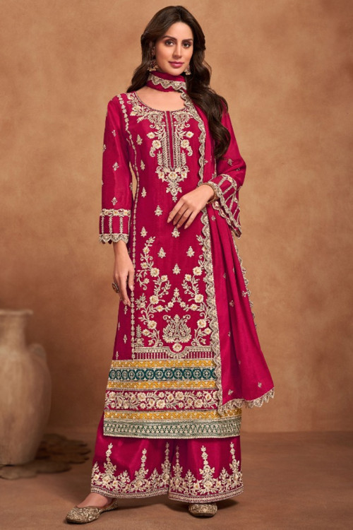 Chinnon Ruby Red Embroidered Straight Cut Palazzo Suit 
