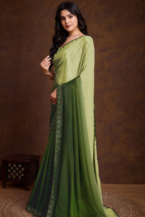 Chinnon Light Olive Green Ombre Printed Saree