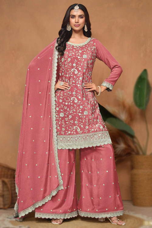 Chinnon Salmon Pink Embroidered Straight Cut Palazzo Suit