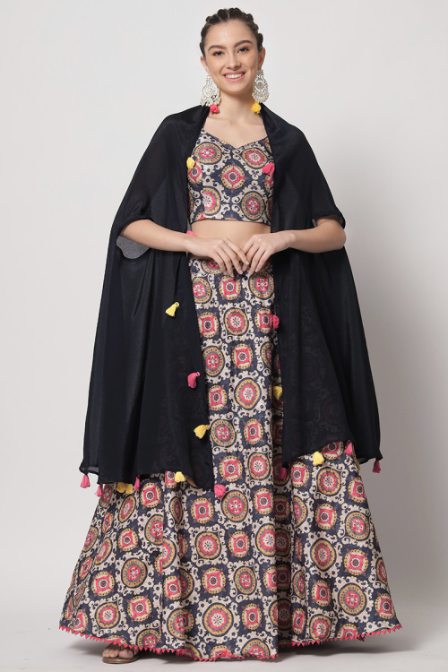 Chinnon Silk Multi Color Printed Flared Style Lehenga