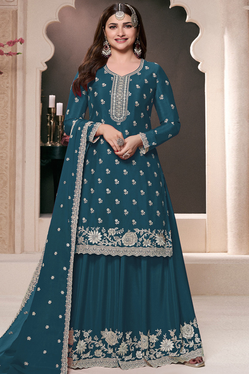 Chinnon Teal Blue Sharara Suit With Zari Work For Diwali