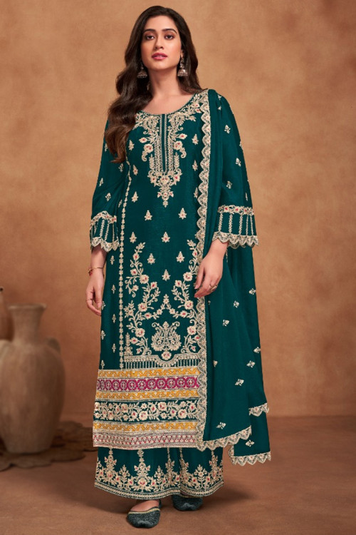 Chinnon Teal Green Embroidered Straight Cut Palazzo Suit 