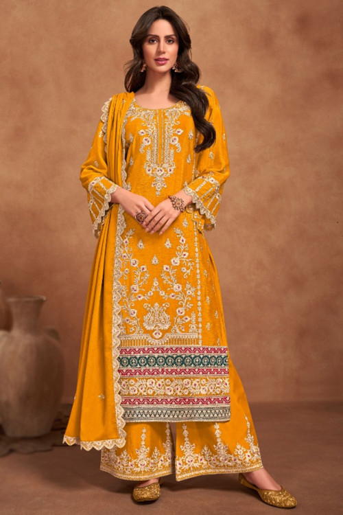 Chinnon Turmeric Yellow Embroidered Straight Cut Suit 