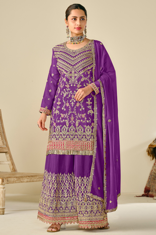 Chinnon Violet Purple Embroidered Straight Cut Sharara Suit 