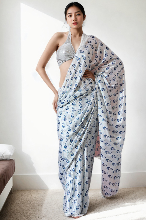 Chinnon White Ready Made Pre Stitched Saree With Printed Work