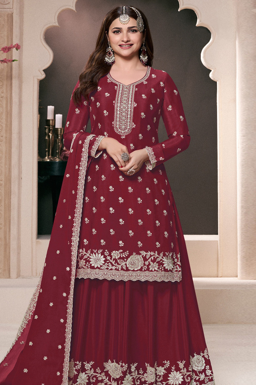 Chinnon Wine Maroon Sharara Suit With Zari Work For Diwali