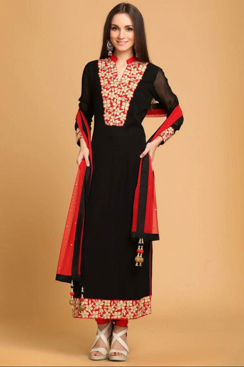 Black Georgette Straight Suit With Red Churidar for Eid