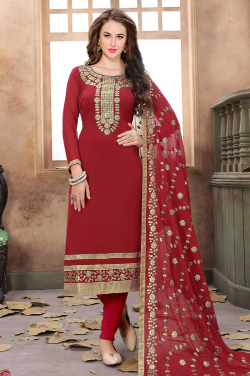 Buy Elegant Silk Churidar Suit In Red Color With Resham Embroidered ...