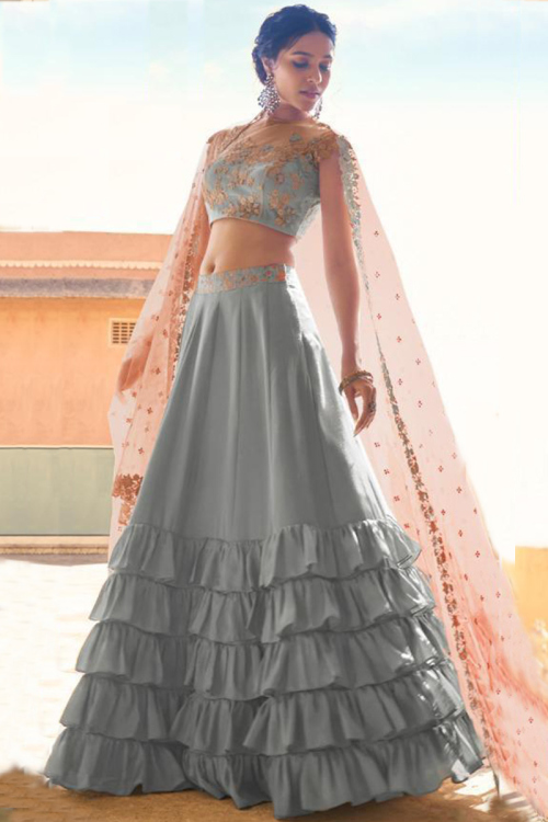 Ash Grey Satin Silk Lehenga