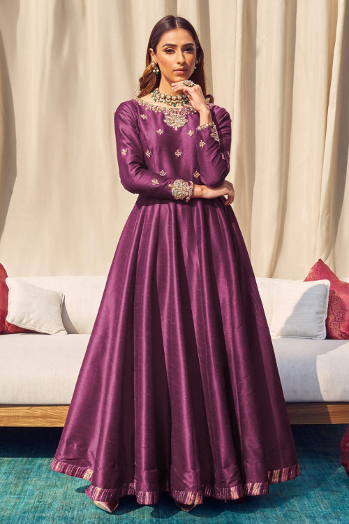 Wine Purple Bangalori Silk Embroidered Wedding Wear Anarkali Suit