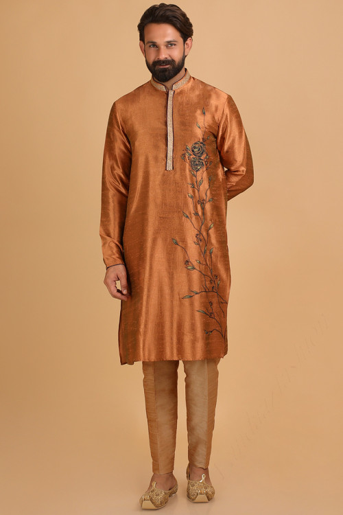 Copper Brown Printed Men's Kurta Pajama