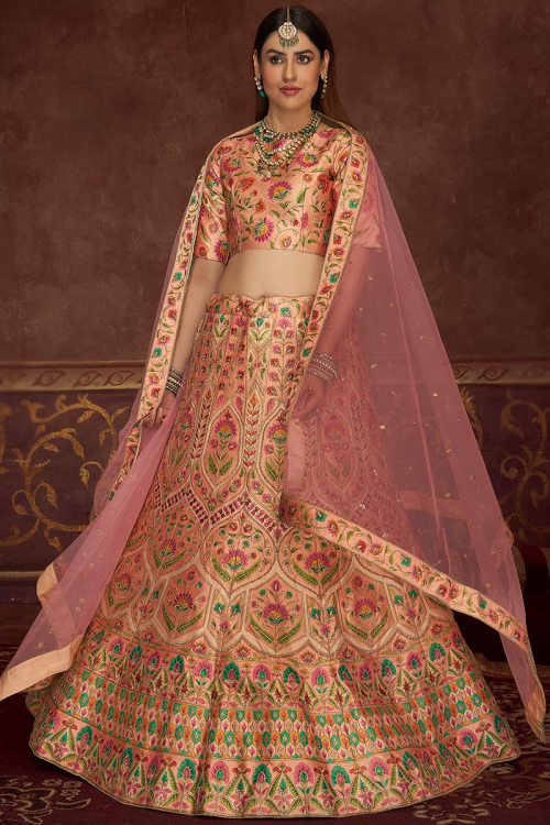 Coral Peach Art Silk Printed Wedding Wear Lehenga