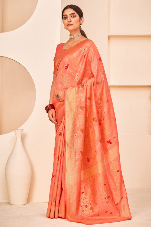 Party Wear Zari Embroidered Saree in Banarasi Silk Coral Peach