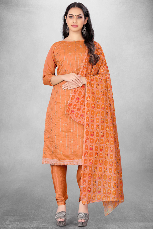 Coral Peach Chanderi Cotton Straight Cut Churidar Suit