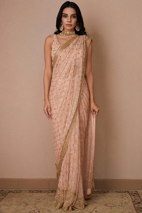 Coral Peach Embroidered Soft Silk Cocktail Party Wear Saree 