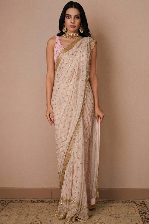 Coral Peach Embroidered Soft Silk Cocktail Party Wear Saree 