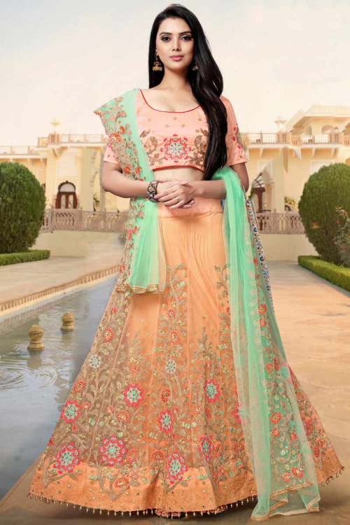 Coral Peach Net Lehenga with Silk Choli