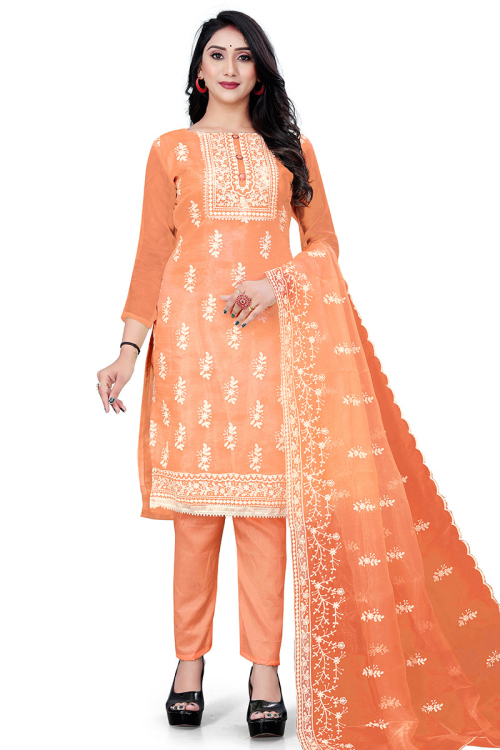 Coral Peach Organza Embroidered Trouser Suit