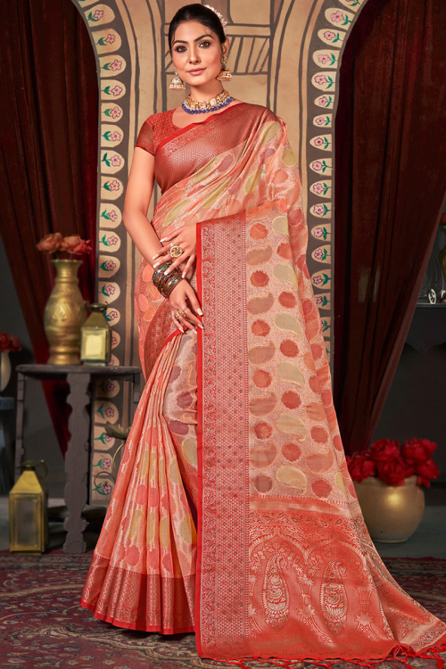 Coral Peach Organza Woven Saree