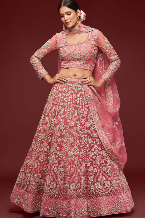 Coral Pink A Line Wedding Wear Net Embroidered Lehenga 