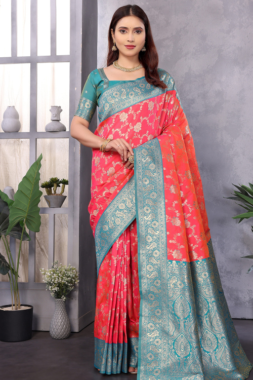 Coral Pink Art Silk Broad Border Saree With Weaved Work