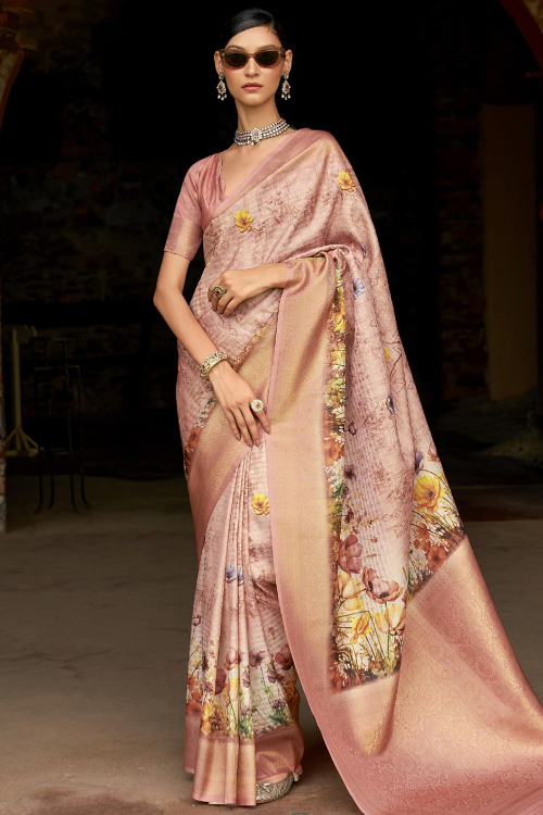 Coral Pink Artificial Silk Woven Zari Broad Border Saree 