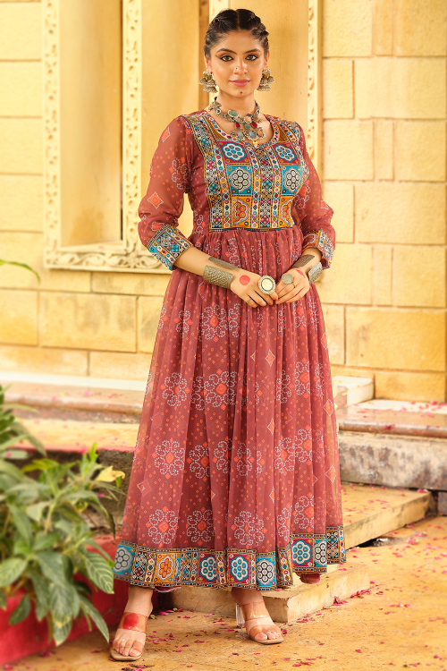 Coral Pink Bandhej Printed Georgette Kurti For Festival