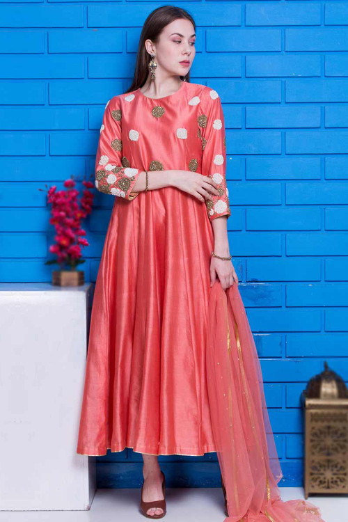 Coral Pink Chanderi Wedding Wear Anarkali Suit With Pearl Work