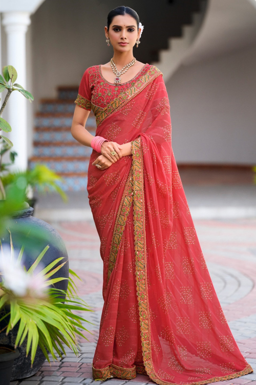 Coral Pink Chiffon Printed Saree For Festival 