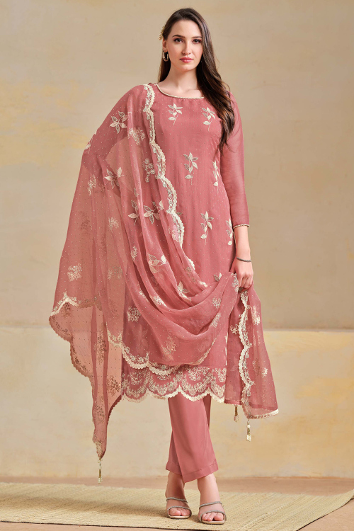 Coral Pink Chiffon Resham Thread Straight Cut Trouser Suit