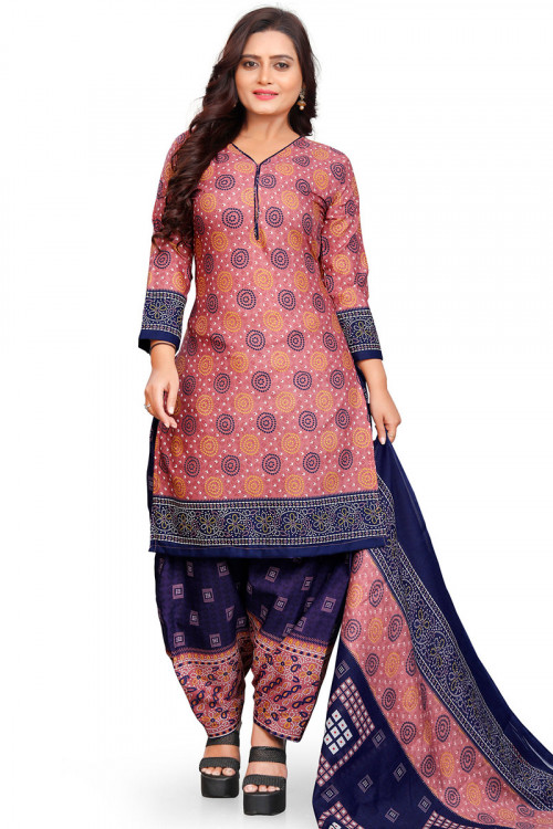 Coral Pink Cotton Bandhej Printed Casual Wear Patiala Suit