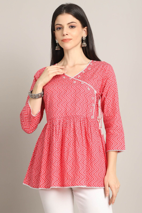 Coral Pink Cotton Frock Style Kurti With Printed Work