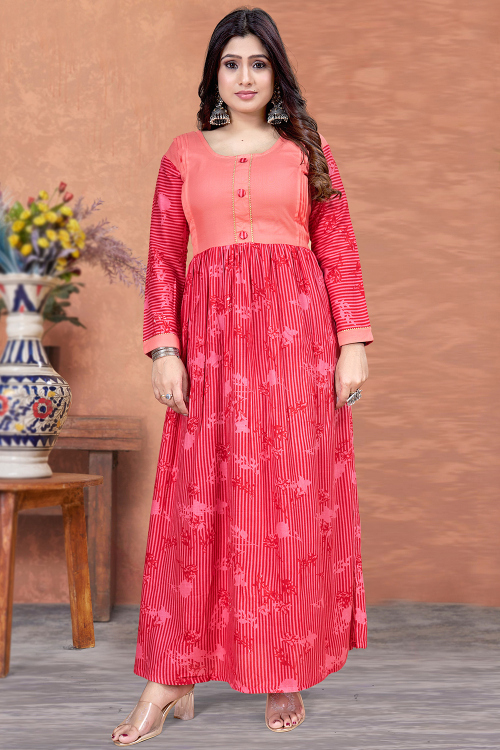 Coral Pink Cotton Printed Ready to Wear Ankle Length Kurti