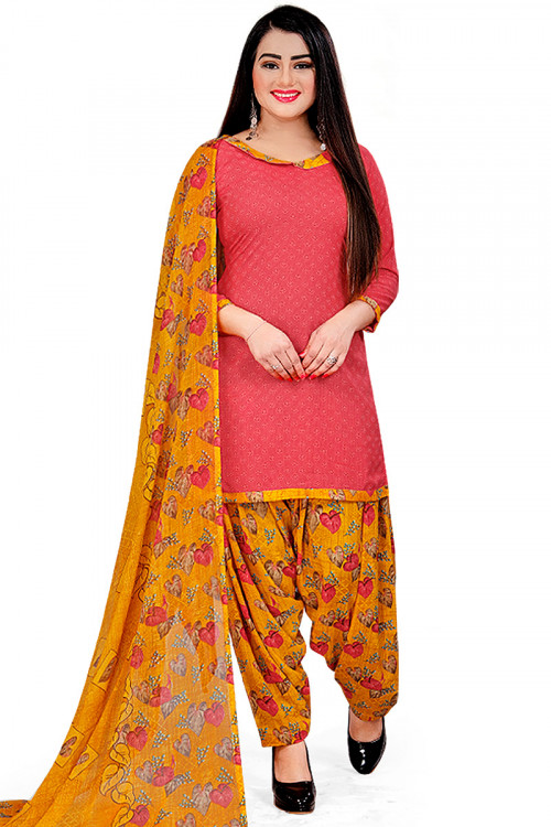 Coral Pink Cotton Printed Casual Wear Straight Cut Patiala Suit 