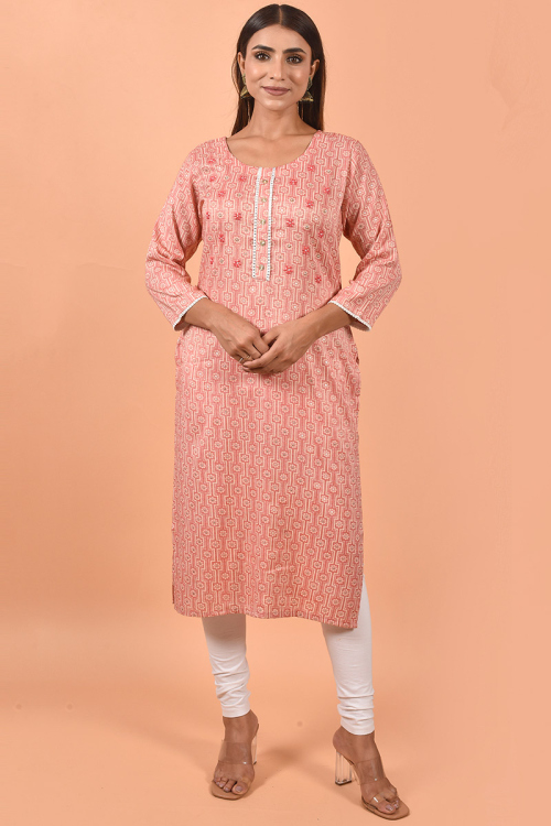 Coral Pink Cotton Kurti for Party Wear with Foil Print