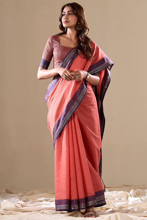Coral Pink Cotton Saree With Weaved Work For Casual Wear