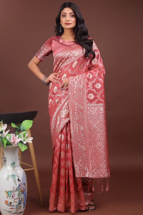Coral Pink Cotton Saree With Weaved Work For Diwali