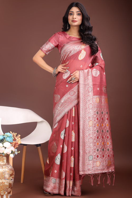 Coral Pink Cotton Saree With Weaved Work For Festival 