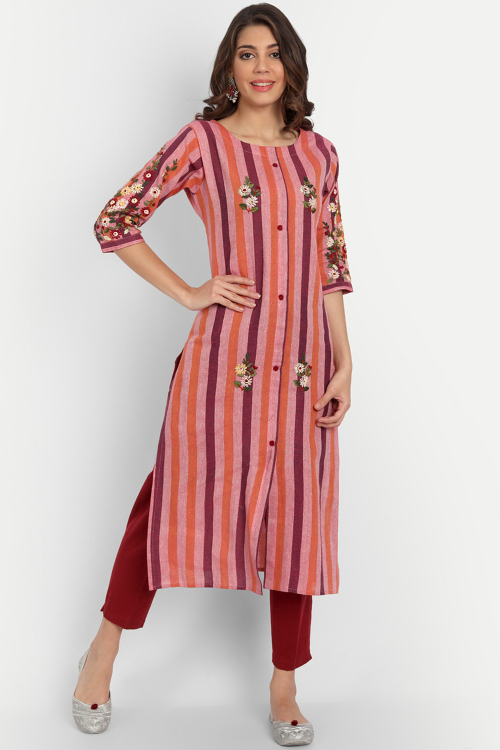 Coral Pink Embroidered Cotton Casual Wear Ready Made Kurti