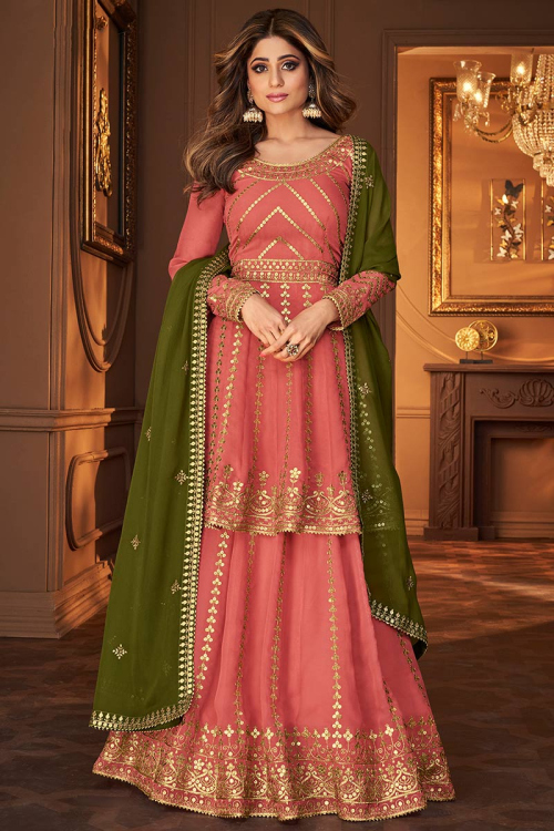 Coral Pink Georgette Embroidered Lehenga