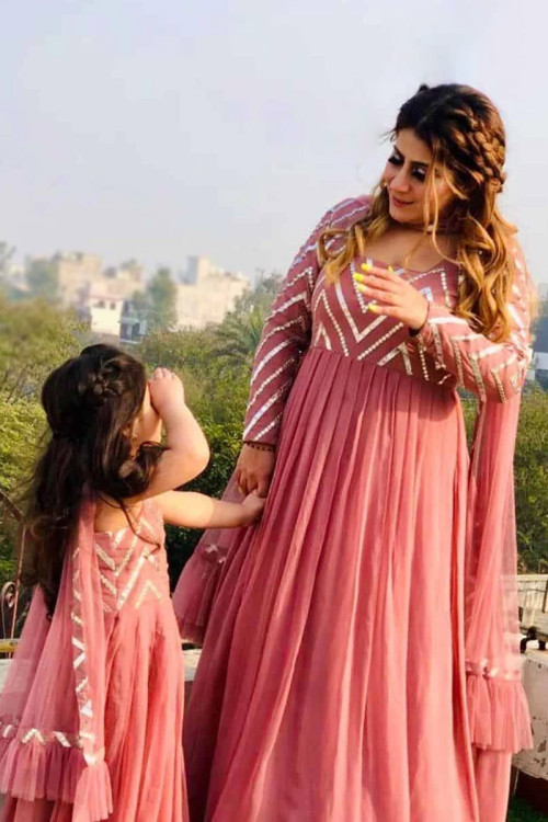 Coral Pink Georgette Embroidered Mother Daughter Duo Anarkali Suit