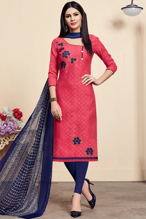 Coral Pink Jacquard Embroidered Trouser Suit