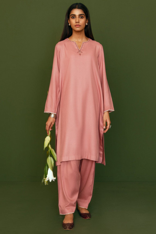 Coral Pink Linen Plain Patiala Suit for Eid