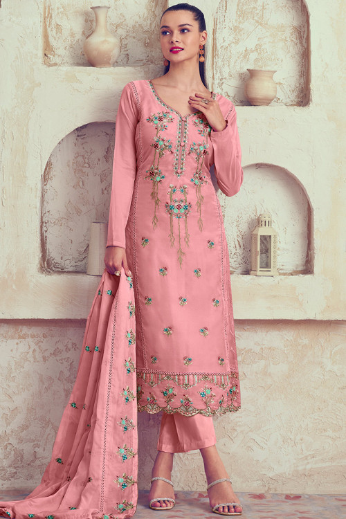 Coral Pink Organza Embroidered Trouser Suit For Sangeet 