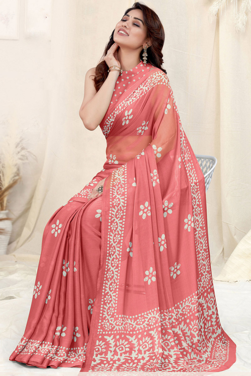 Coral Pink Printed Light Weight Georgette Saree