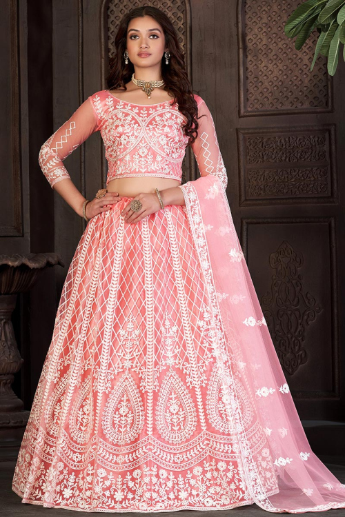 Coral Pink Resham Embroidered Net Lehenga For Sangeet 