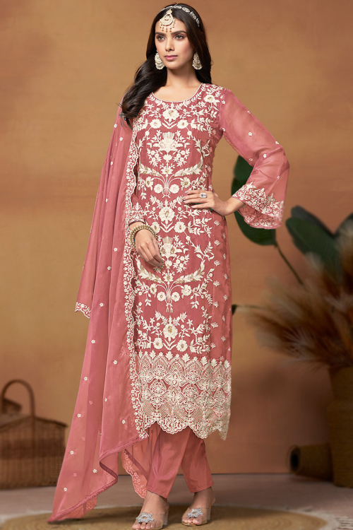 Coral Pink Sequins Embroidered Organza Trouser Suit For Sangeet