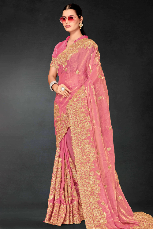 Coral Pink Shimmer Organza Saree With Zari Work