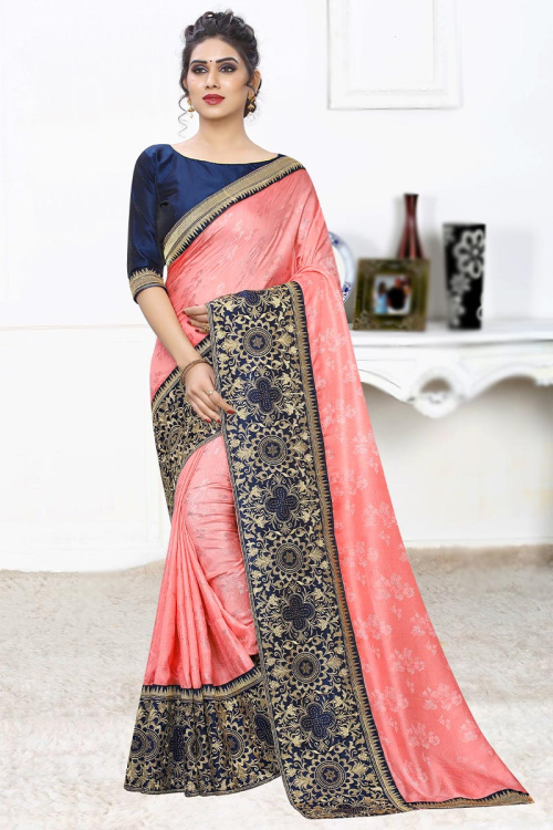 Coral Pink Silk Festive Wear Saree