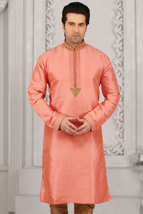 Coral Pink Silk Kurta with Dori Work for Diwali 